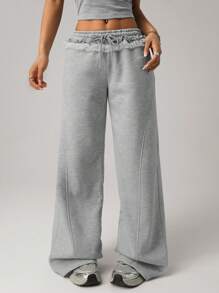 SHEIN ICON 宽松腰蕾丝褶饰休闲运动裤 - 淺灰色 - 查看 5
