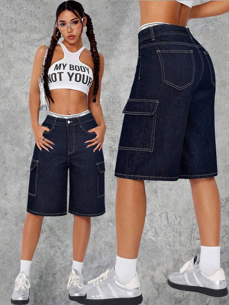 SHEIN ICON 女士休闲翻盖口袋宽松牛仔短裤，夏季