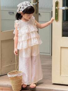 SHEIN Little Byeori 年轻女孩韩版公主风荷叶边下摆无袖上衣和宽松阔腿裤套装 - 白色 - 查看 6