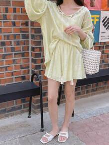 DAZY Ensemble 2 pièces pour femmes, top à manches longues ample avec décor de perles de style bohème et shorts. Tenue décontractée de style vacances, ensemble court pour femmes