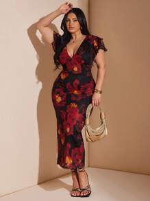 SHEIN BAE 大码女式优雅大号花卉网眼印花紧身 V 领连衣裙，长款，合身，修饰手臂，适合日常、郊游、约会、下午茶、度假、春夏季、返校季女士连衣裙优雅女士正装、长裙、婚礼宾客礼服 - 紅色 - 查看 6