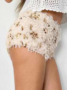 SHEIN ICON Shorts cortos de mujer nuevos, elegantes, con lentejuelas y de piel sintética - Albaricoque - Ver 5