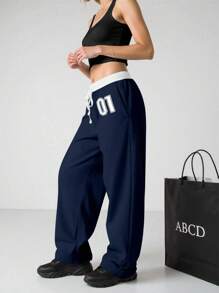 INAWLY Dames casual sportnummer print contrastkleur trekkoord taille losse pasvorm wijde pijpen broek met zijzakken