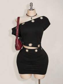 SHEIN ICON 大码时尚性感斜肩孔眼装饰紧身迷你裙两件套，Y2K 风格