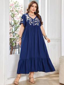 Lacomfia Damen Große Größen Plissee V-Ausschnitt Kurzarm locker sitzende große Größen Kleid mit floraler Stickerei und gerüschtem Saum, bequem für den Alltag, arabisches Maxikleid