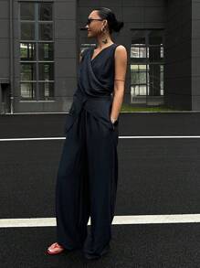 DAZY Bộ 2 món quần áo và áo sơ mi vải lanh pha trộn thanh lịch mùa hè dành cho nữ, quần áo trở lại trường - Màu xanh hải quân - Xem 4