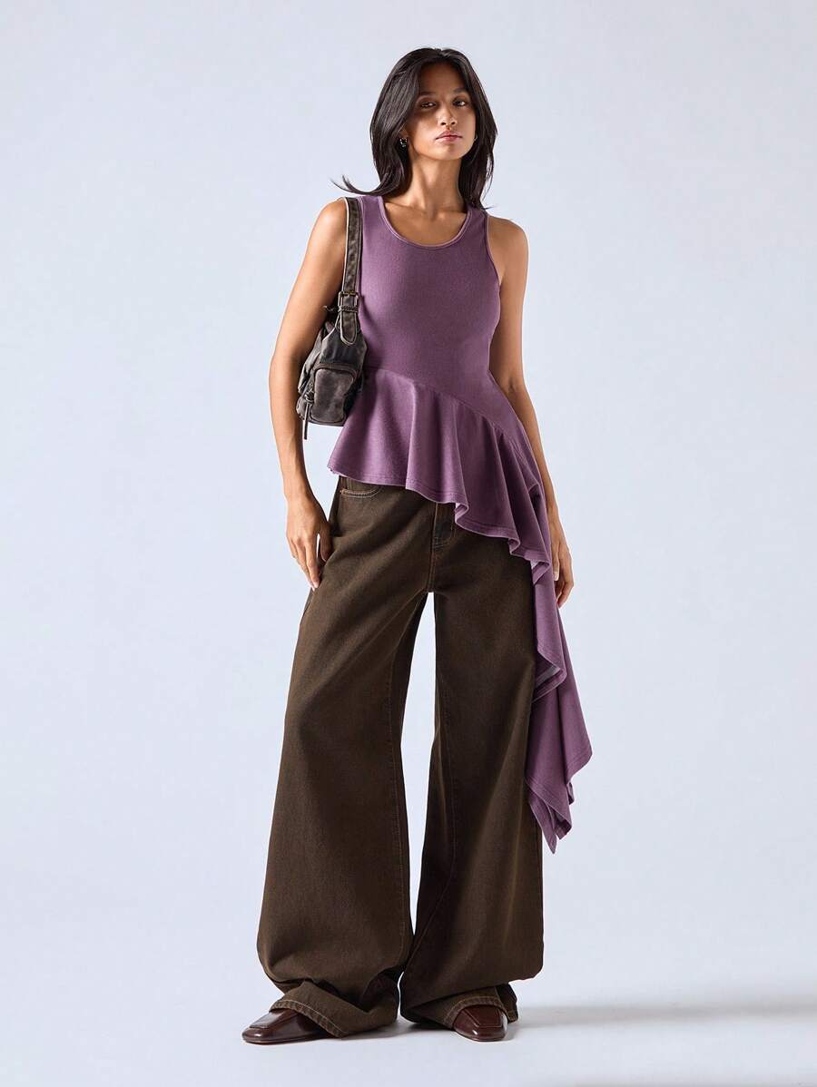 LYSMO Áo không tay bèo nhún bất đối xứng denim cho nữ - Màu tím - Xem 1