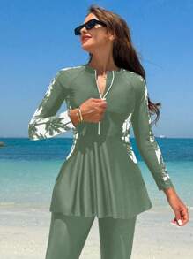 Swim Shayni 2pcs Women's Casual Palm Tree Print Long Sleeve Top And Shorts Burkini Swimsuit Set