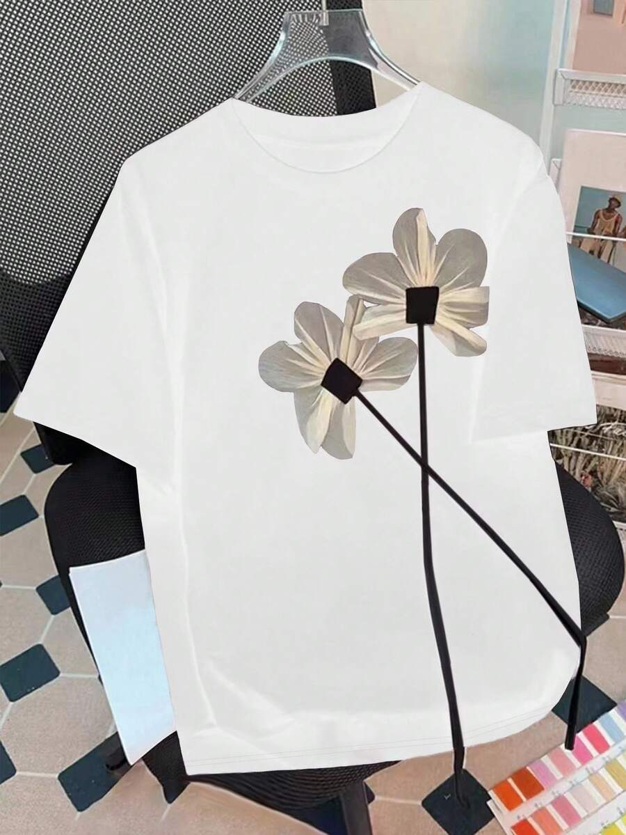 SHEIN LUNE 女式圆领短袖花卉印花简约 T 恤，休闲日常穿着图案 T 恤图案 T 恤女式上衣 - 白色 - 查看 1