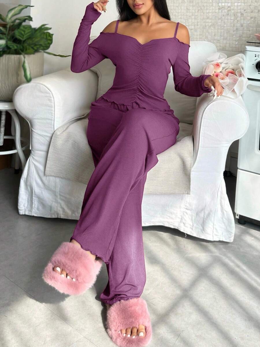 淡紫色露肩上衣和裤子家居服套装，褶皱细节紫色两件套家居服，女士长袖家居服套装，可爱睡衣套装，秋冬服装，舒适套装 - 淺灰紫 - 查看 1