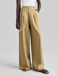 Ontre Pantalones de traje de lino de unicolor, de cintura alta, holgados y casuales, de moda para el verano en otoño/invierno - Caqui - Ver 2
