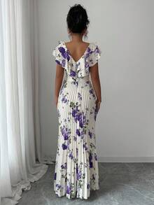 Elenzga V-Neck Digital Print Vacation Style Ruffle Waist Flared A-Line Elegant Romantic Ladies Dress - Multicolor - View 2