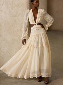 Aveloria Rosie French Romantic Heavy Lace Decor Exposed Waist Dress, Chiffon Lightweight Elegant Flared Skirt Long Sleeve Women Long Dress