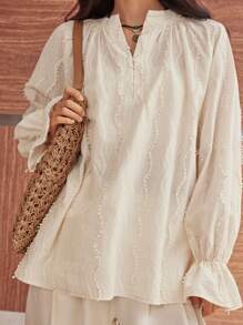 DAZY Women's Loose Casual Wavy Striped Elegant V-Neck Long Sleeve Patchwork Ruffled Blouse, Suitable For Summer, Spring And Autumn,Fall Women Clothes - Beige - View 8