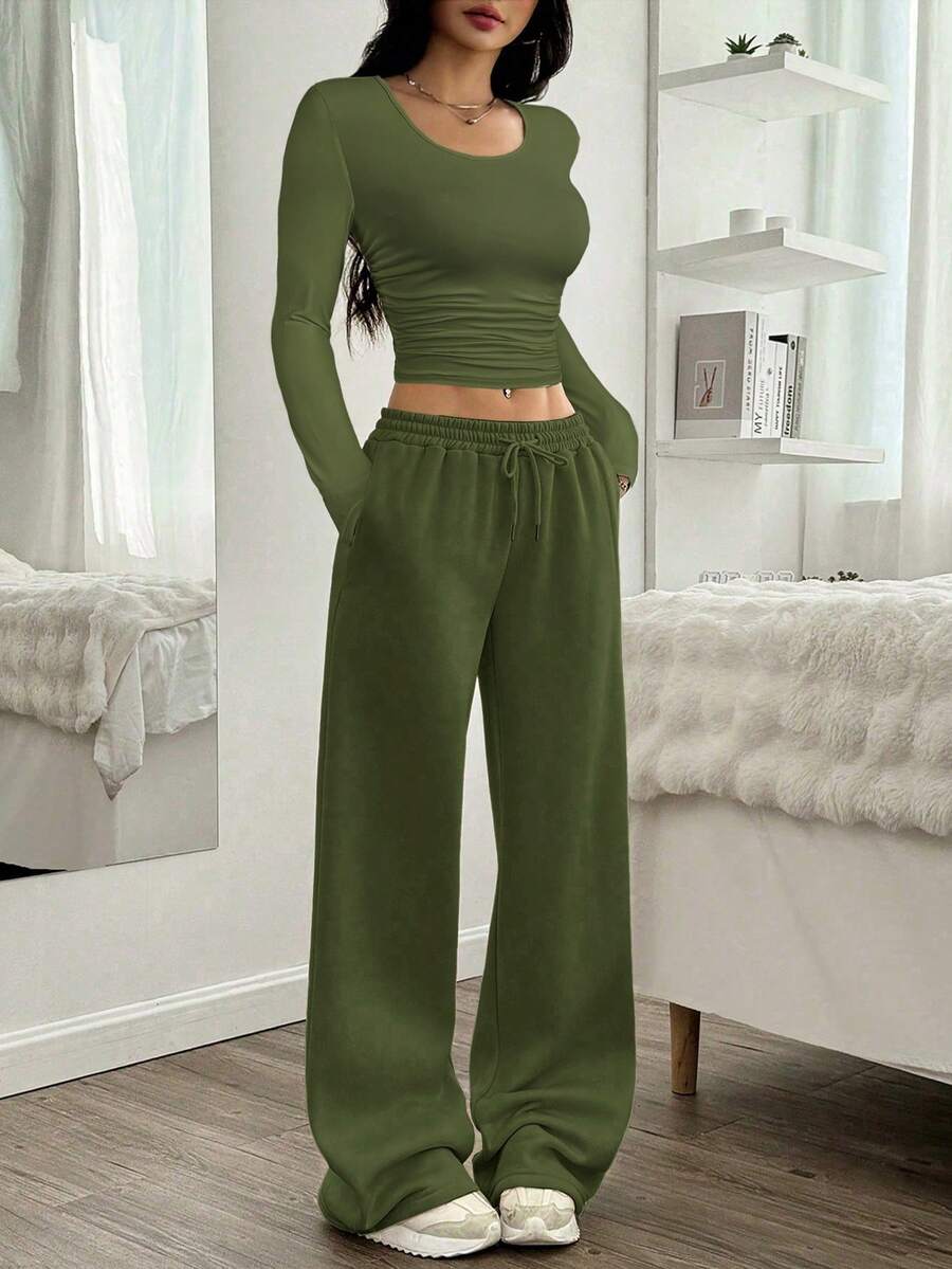 SHEIN EZwear 2 件套女士休闲军绿色褶皱圆领短款上衣和阔腿抽绳腰裤 - 軍綠色 - 查看 1
