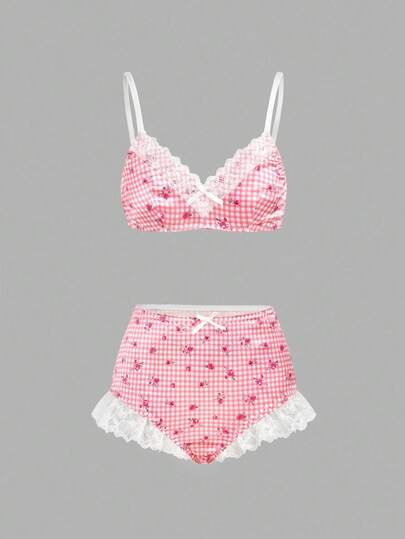 2 件装格子玫瑰高腰紧身缎面蕾丝拼接可爱娃娃少女内裤