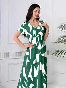 Modelyn Vestido casual de verano para mujer con cuello en V y estampado geométrico de manga corta - Blanco - Ver 4