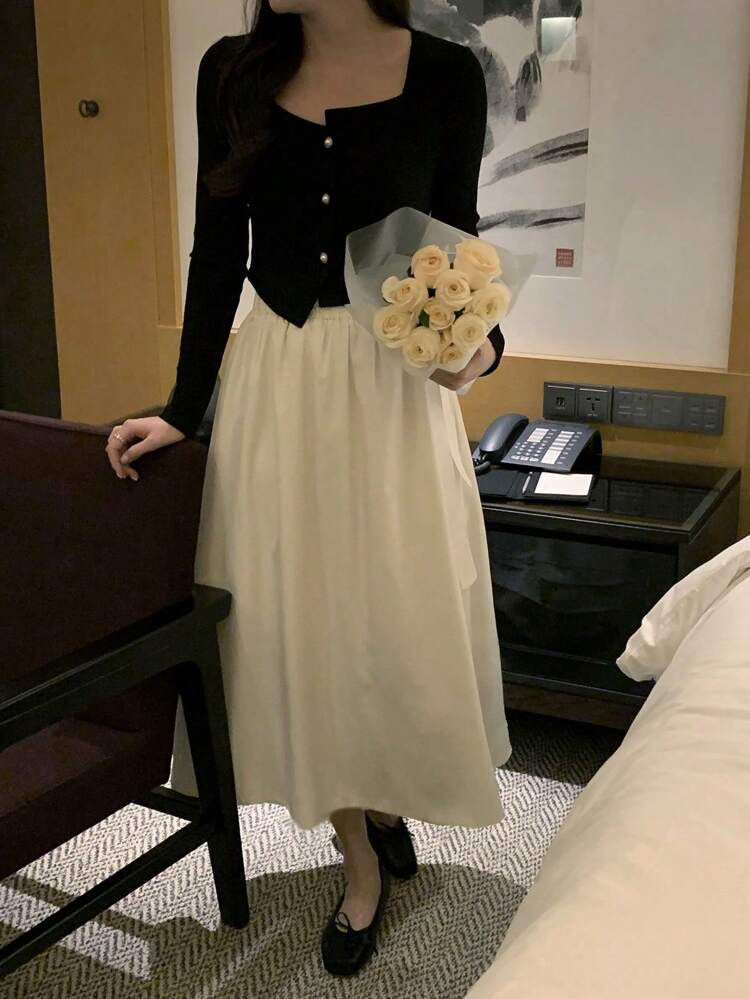 Women 2024 New Fashion Crew Neck Long Sleeve 2 In 1 Dress, Stylish Design, Slim Fit,Fall Women Clothes