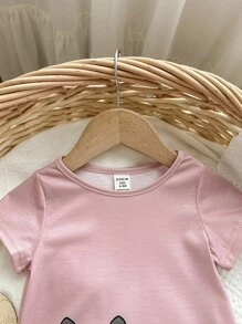 女婴可爱卡通图案粉色短袖连衣裙，春夏 - 粉色 - 查看 6