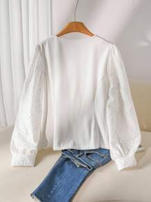 CosyJoli Plus Size Women V-Neck Schiffy Lantern Sleeve Single-Breasted Open Front Blazer, Casual,Slightly Sheer In Fall/Winter - White - View 2