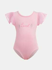 SHEIN 2 piezas Conjunto deportivo de moda para niñas, body de punto de unicolor negro y rosa, maillot gimnástico de estampado elástico, cómodo y suave