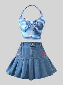 2 件套青春期前女童蓝色格纹樱桃印花细肩带上衣搭配蓝色牛仔水洗樱桃印花褶边裙 - 藍色 - 查看 1