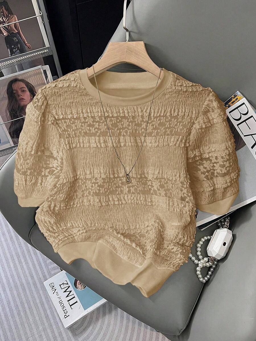 Franclia 女士优雅蕾丝条纹纹理泡泡袖圆领 T 恤，春夏 - 棕色 - 查看 1