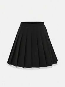 SHEIN 青少年女孩梭织撞色镶边短袖上衣和褶边裙优雅两件套 - 黑與白 - 查看 9