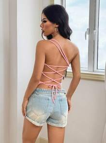 INAWLY Women Solid Color Sexy One Shoulder Lace Up Camisole - Pink - View 5