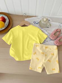 SHEIN 可爱甜美柠檬蝴蝶结印花夏季度假两件套，女婴休闲宽松圆领短袖 T 恤和紧身自行车短裤套装，适合春夏季 - 彩色 - 查看 3