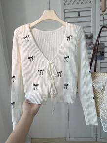 Flirla New Bow Embroidery Cardigan Sweater For Women, Minimalist & Fashion, Autumn - White - View 1