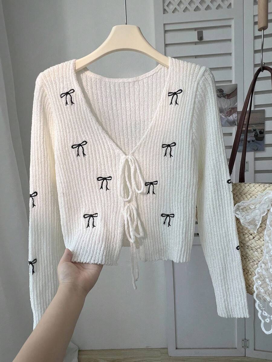 Flirla New Bow Embroidery Cardigan Sweater For Women, Minimalist & Fashion, Autumn - White - View 1