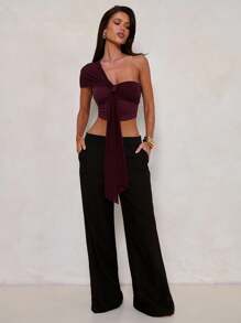 Aloruh 女士优雅日常不对称夏季 T 恤网眼针织纯色上衣日常工作休闲通勤机场街头服饰老钱 Y2K 乡村音乐会夜间外出/外出老师返校