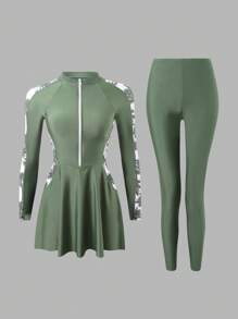 Swim Shayni 2pcs Women's Casual Palm Tree Print Long Sleeve Top And Shorts Burkini Swimsuit Set