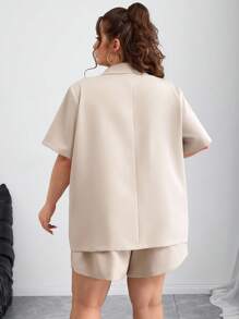 SHEIN CURVE+ Curve 大码/秋装/秋季女装/女士冬装/冬装大码女装夏秋装返校服装秋季服装商务女装新款时尚休闲通勤优雅商务休闲卡其色西装和卡其色裤子两件套短袖西装套装