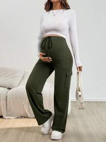SHEIN Pregnant Women Casual Minimalist Army Green Drawstring Waist Fold Over Pocket Sweatpants - Army Green - View 7