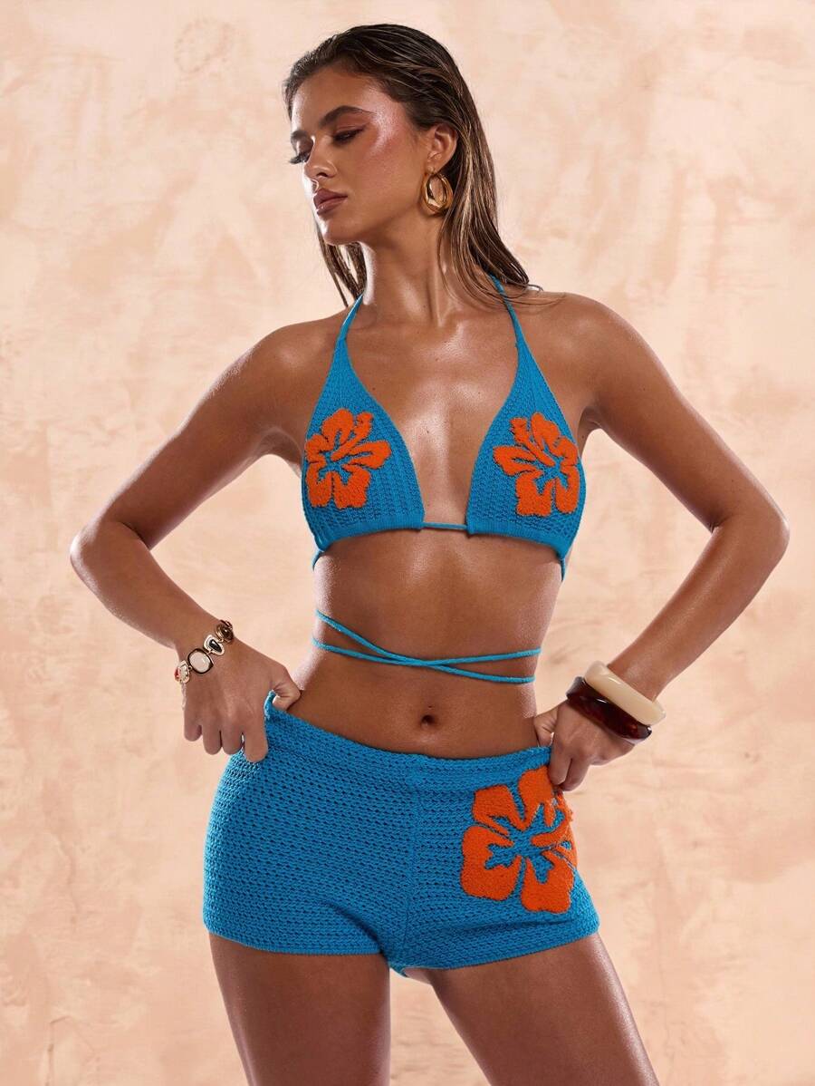 SHEIN BAE 2 chiếc/bộ áo len dệt kim dây mảnh cho nữ - Màu xanh lam - Xem 1