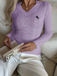 SHEIN EZwear 女士休闲V领长袖修身骑士图案毛衣