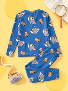 TOM & JERRY X SHEIN 男童卡通印花长袖上衣和紧身裤睡衣套装，春秋季 - 藍色 - 查看 2
