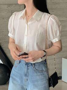 DAZY French Puff Sleeve Shirt, Women Short Sleeve Loose Casual Blouse - Apricot - View 4