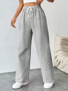 SHEIN PETITE Women's Tie Waist Pinstripe Straight Leg Pants - Khaki - View 6