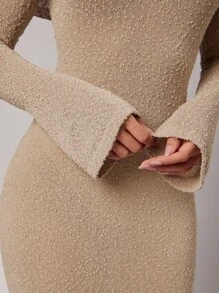 Silquee Women's Solid Color Off Shoulder Fitted Elegant Long Sleeve Sweater Dress,Fall Women Clothes, , Beige Dress Women, Tan Dress Women, Off The Shoulder Dress, Long Sleeve Midi Dress,Street Dress, Prom Dress,Airport Outfit For Women,Nude Dress