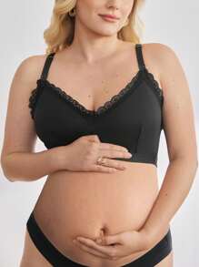 Moonlight&Mama Plus Size Women's Solid Color Contrast Lace Nursing Bra - Black - View 1