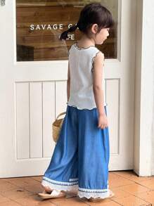 年轻女孩休闲荷叶边下摆宽松裤 - 藍白色 - 查看 6