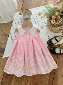 SHEIN LMoss Kids 女婴可爱休闲夏季条纹刺绣彼得潘领连衣裙 - 粉色 - 查看 6