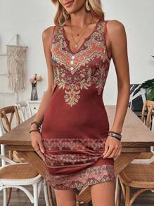 EMERY ROSE V-Neck Sleeveless Retro Printed Pattern Dress, With Buttons, Casual Holiday Attire - Burgundy - View 5