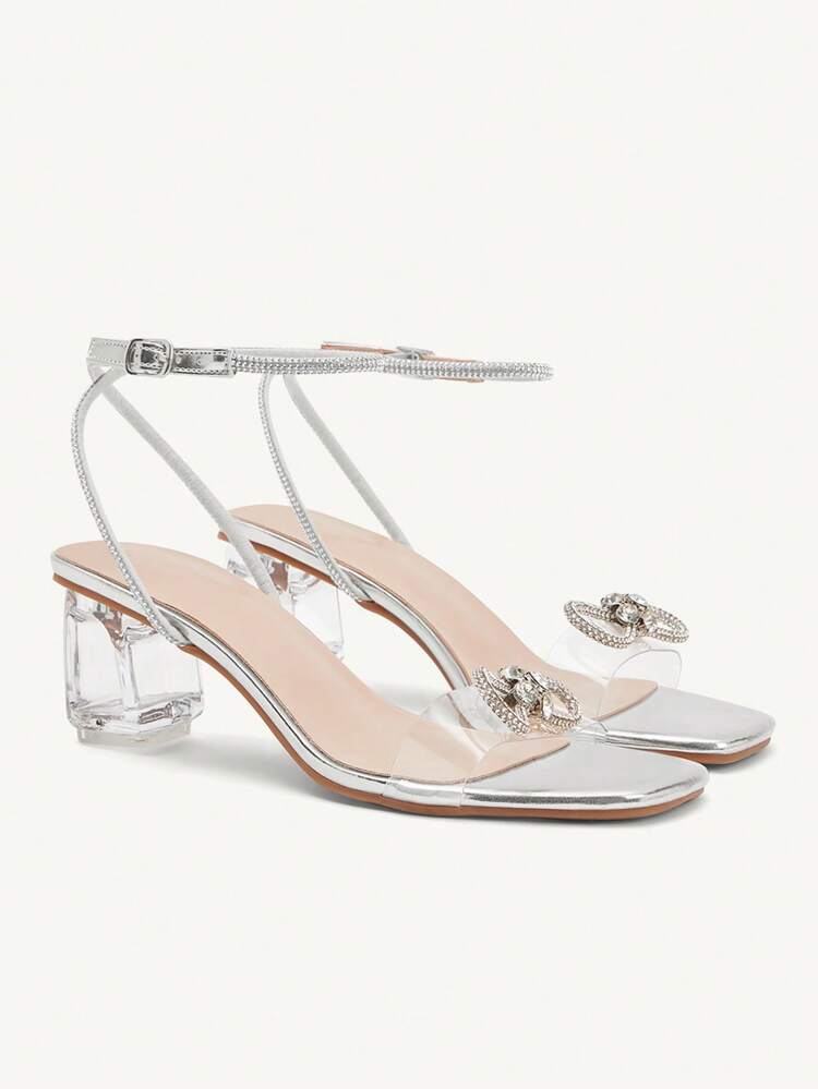 CUCCOO CHICEST Sandalias de tacón alto para mujer con decoración de lazo de cristal brillante, tacones altos de cristal transparente, sandalias brillantes cómodas y versátiles