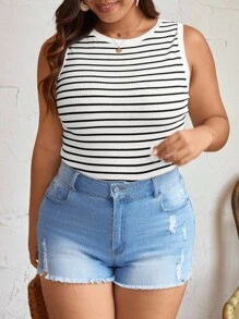 Elaquor Plus Size Striped Slim Fit Round Neck Summer Boho Tank Top - Black and White - View 5