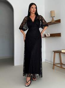 EURMUSE Women's Boho Lace Maxi Midi Dress Sexy V-Neck Sleeveless Spaghetti Straps - Black - View 4