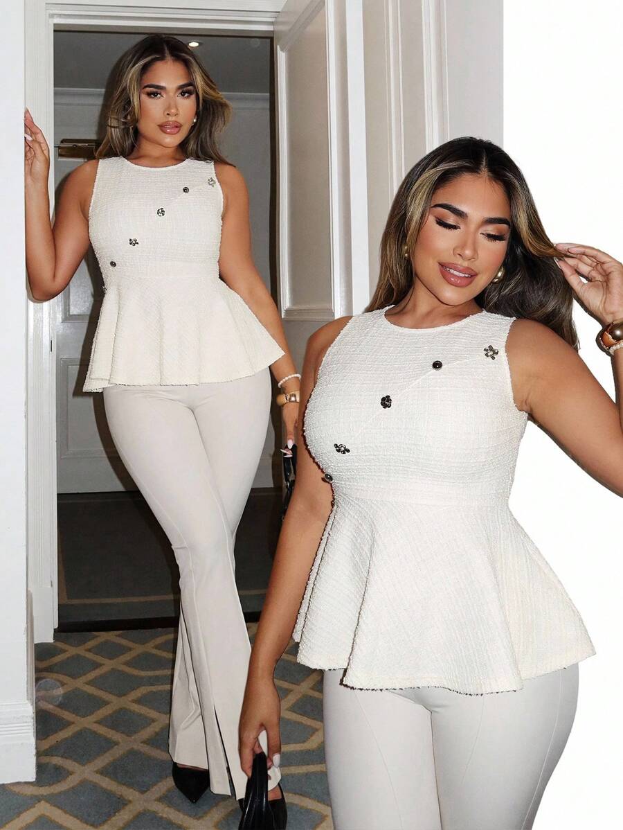 Xyvia 女士优雅金属装饰腰部无袖T恤 - 白色 - 查看 1